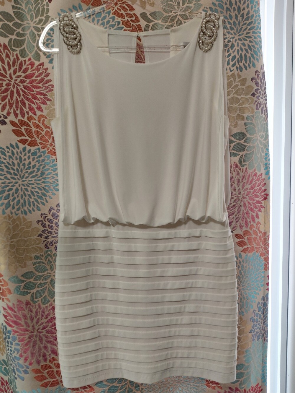 Xscape White Mini Dress with Beaded Shoulder Accents Made In USA